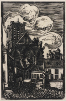 KG 09555
<br/>
Stadsgezicht met stompe kerktoren
<br/>
<em>Deventer, Johannes ('John') van (1903-1952)</em>